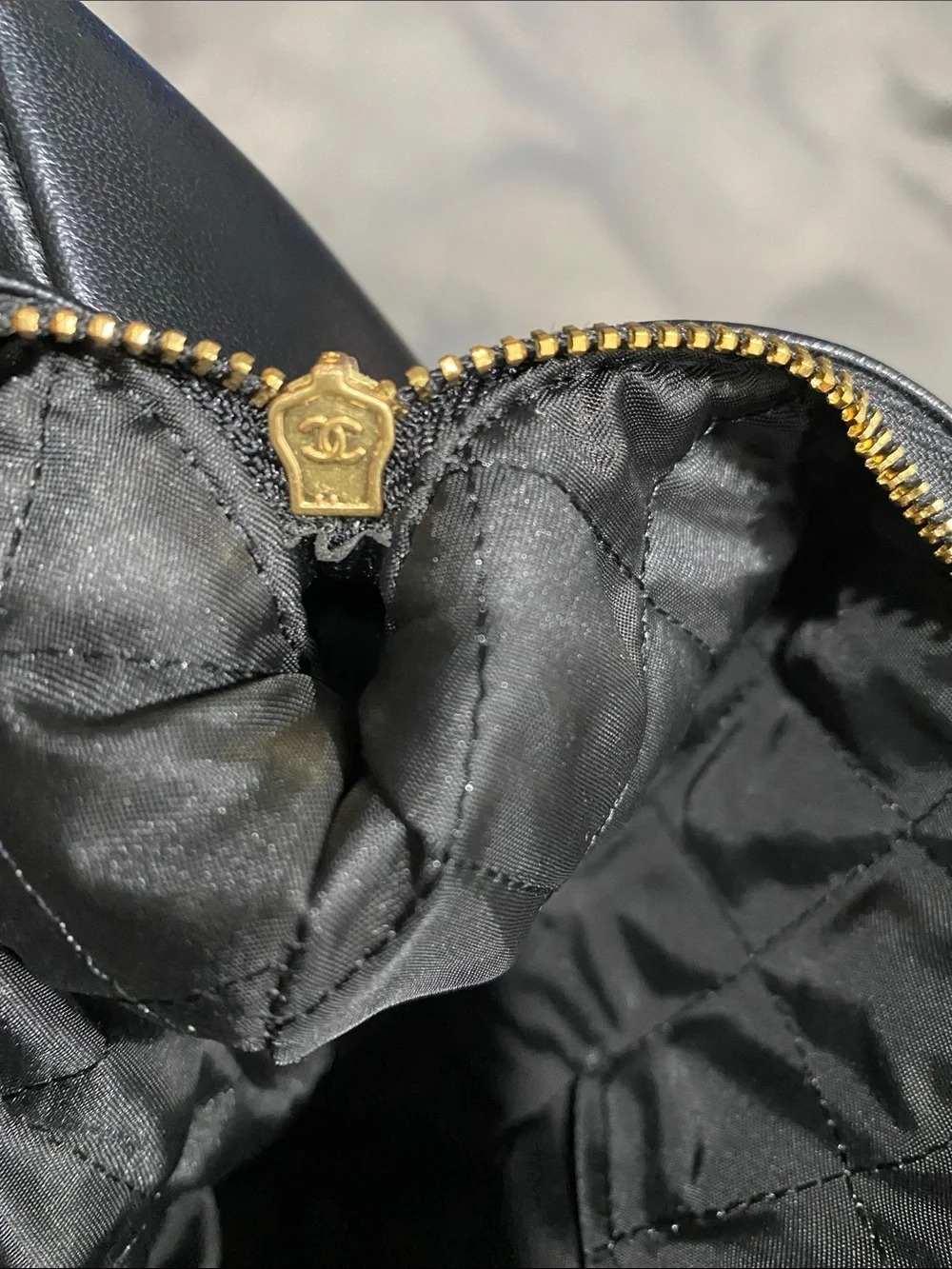 CHANEL Black Leather Zip Pouch with Gold CC Accent 8.5”x6” (Sep 026)